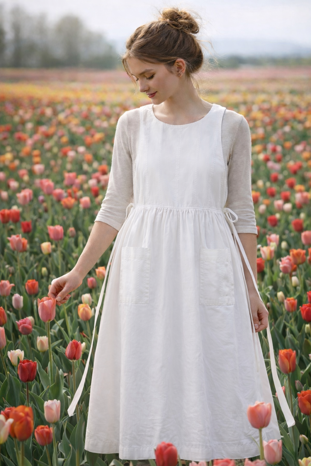Handmade White Apron Dress – Cottagecore Pinafore with Pockets