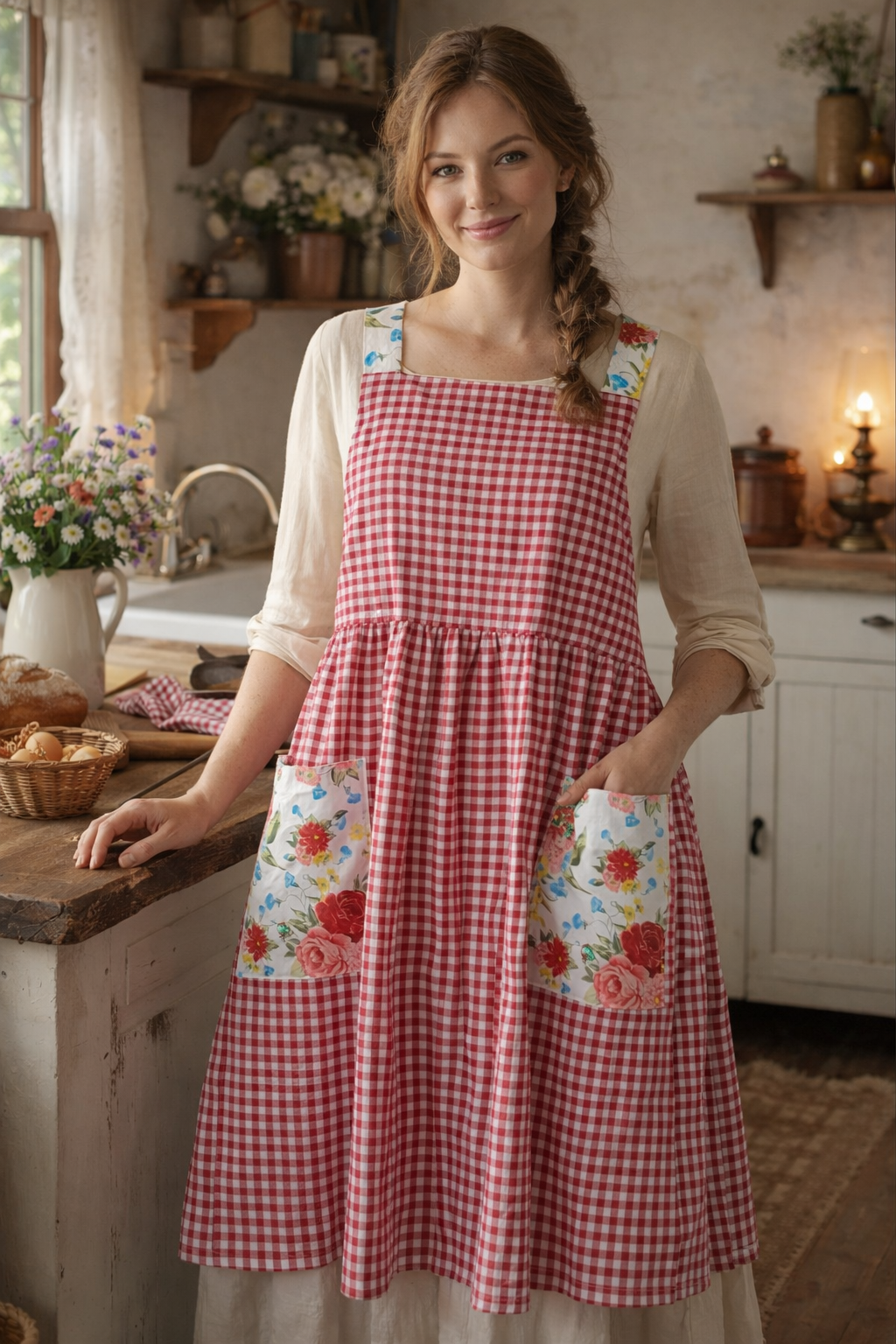 Red Gingham No Tie Apron, Cottagecore Apron with Floral Pockets, Handmade Cross Back Apron, Kitchen Cooking Apron, Garden Apron