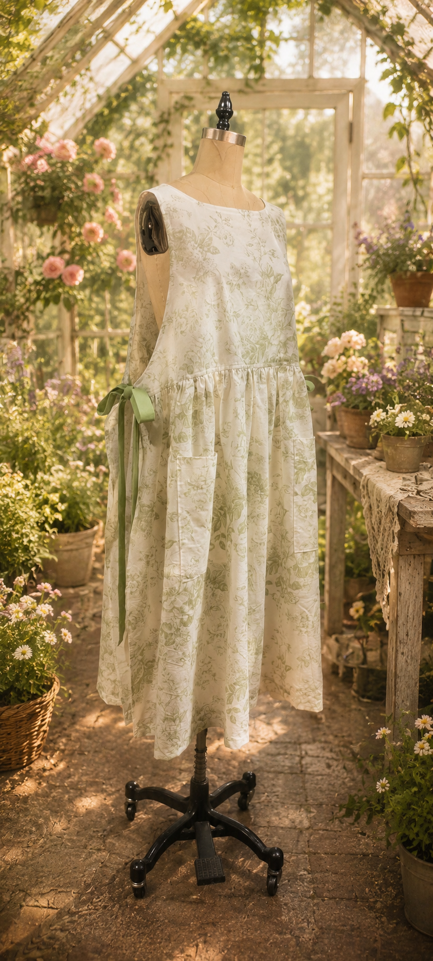 Light green toile flowers apron dress-women's pinafore with side ties - Cottagecore Linen look apron - Handmade