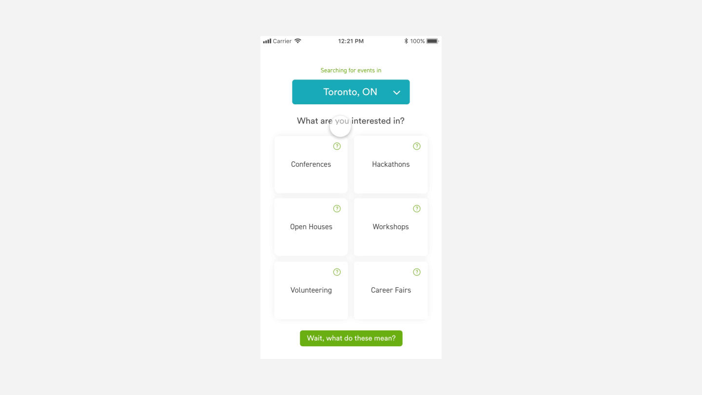 On-boarding: Users are able to select which events appeal to them. If event terms need to be clarified, users are able to select an option to better define the benefits of each event.