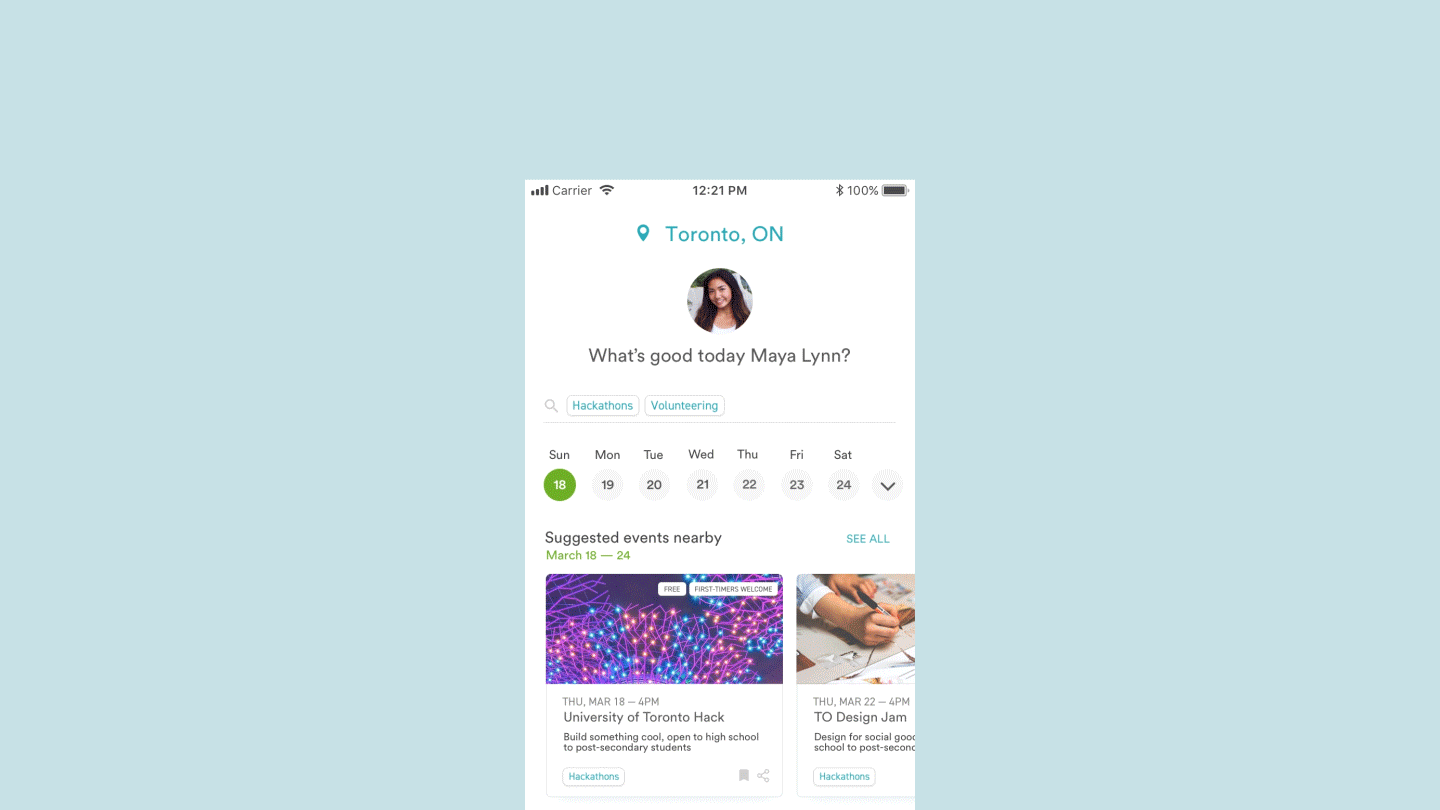 Main feed: Based on the on-boarding selection of a users selected event interests, a customized feed is curated with suggested events nearby organized by date.