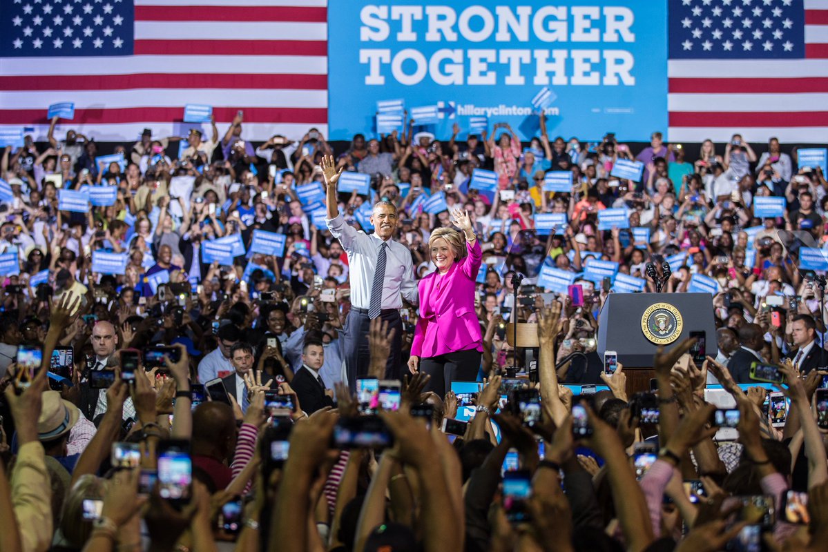 President Obama and future-President Clinton wave to the crowd after a rally in NC. (Credit: Twitter's Ryan Johnson)
