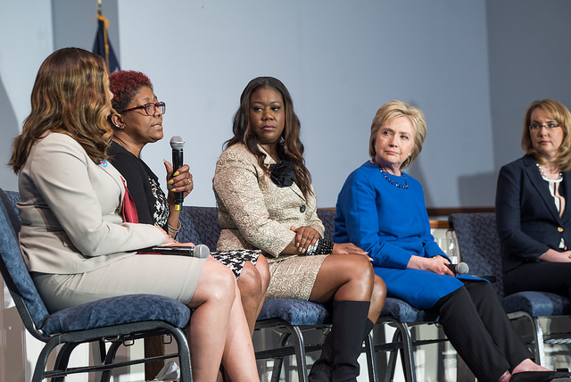 Hillary with the Mothers of the Movement and Gabrielle Giffords in Columbia, SC (image here )