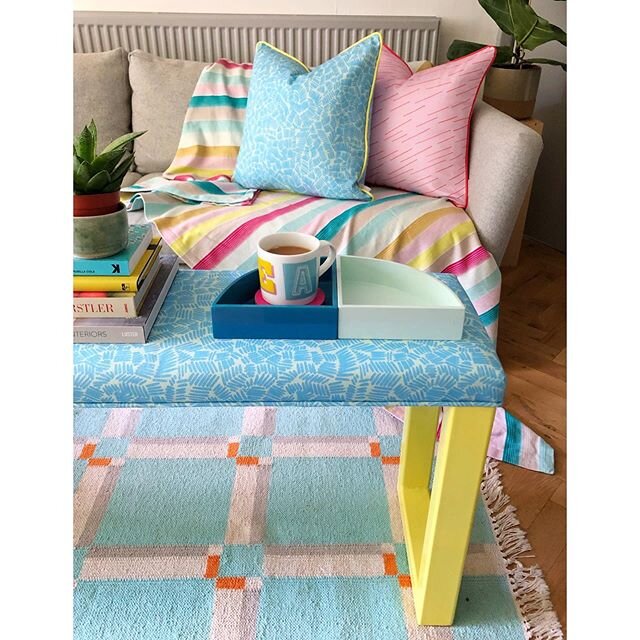 All the colours today! 🌈 Marks cushion in blue and Dash cushion in pink as well as the Marks bench made with the help of the lovely @cord_industries 💛