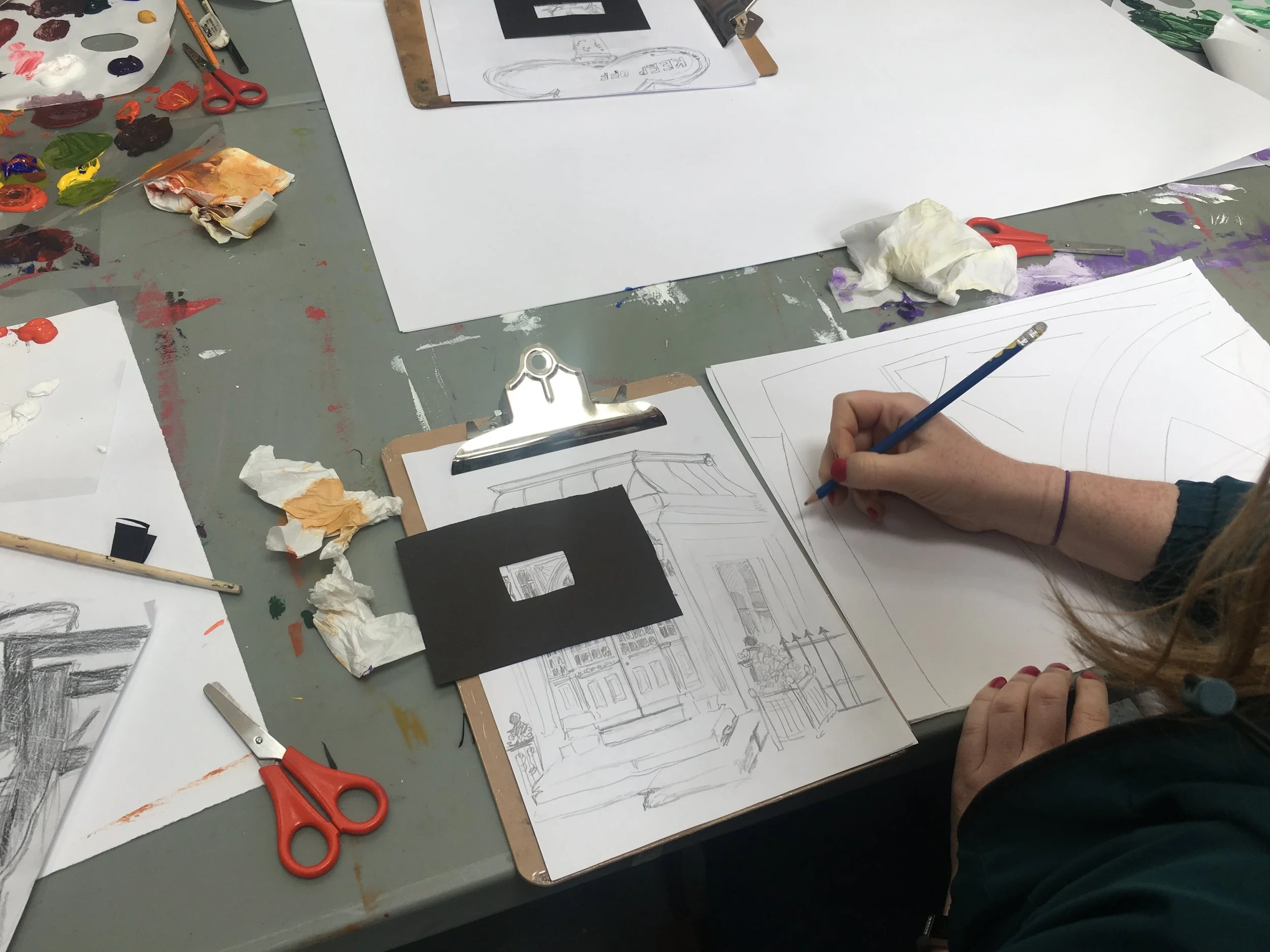 Participants created frames to isolate details on their drawings, these details were then blown up into an abstract composition in a second artwork