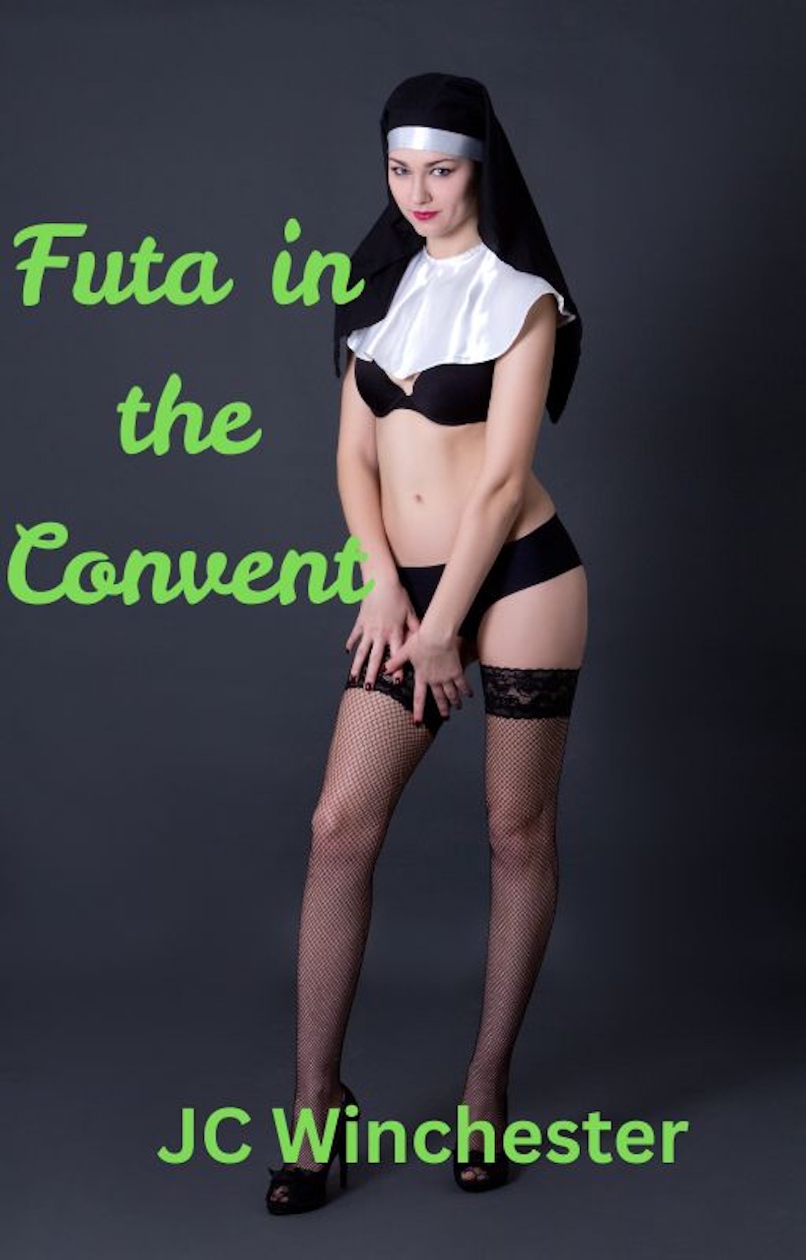 A woman dressed in a black bra, black panties, black stockings, and a nun's habit smiles at the viewer with a seductive look. The image is captioned "Futa in the Convent"