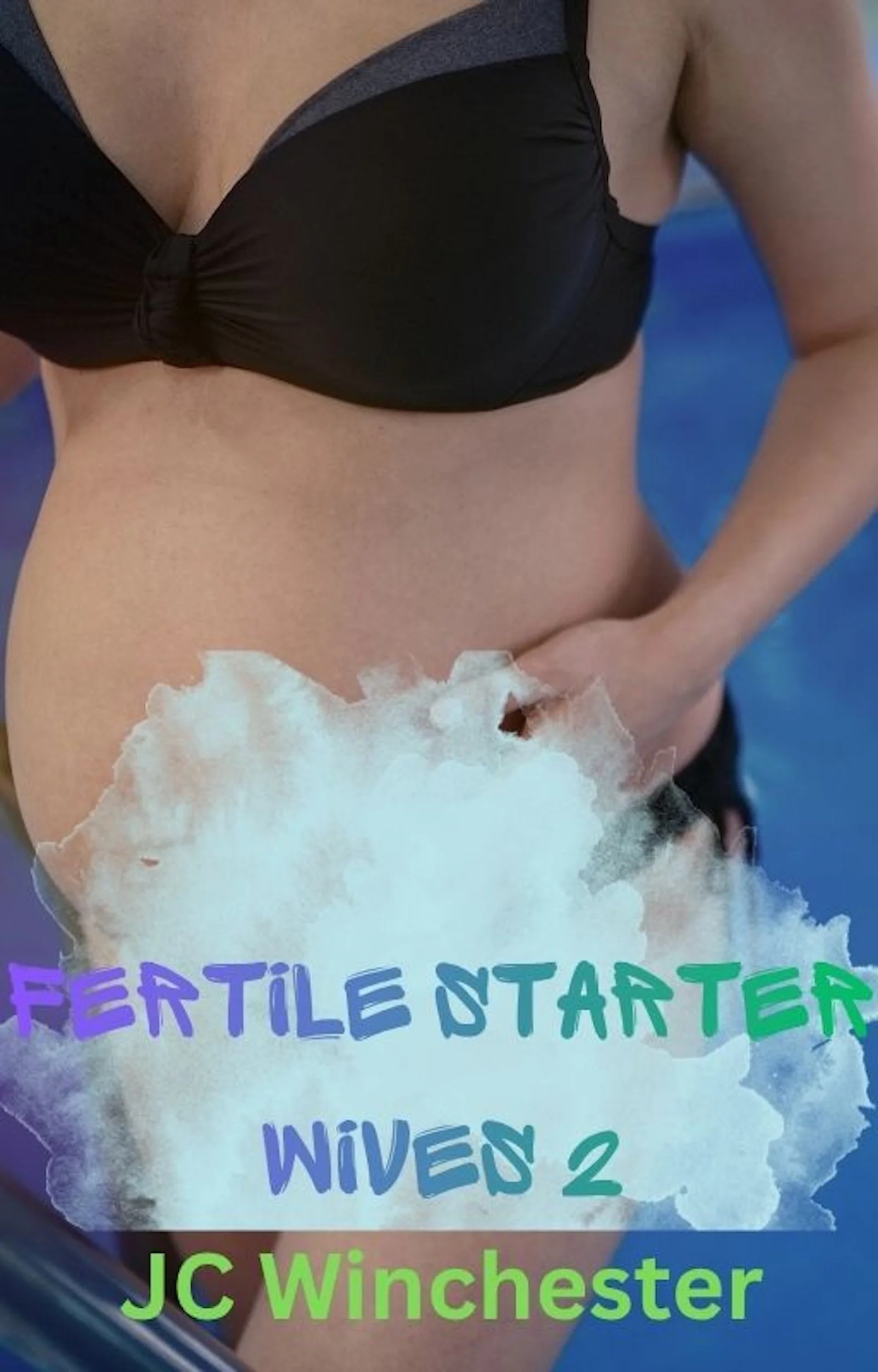 Cover image for Fertile Starter Wives 2 by JC Winchester. Features a pregnant woman in a black bikini walking out of a pool.