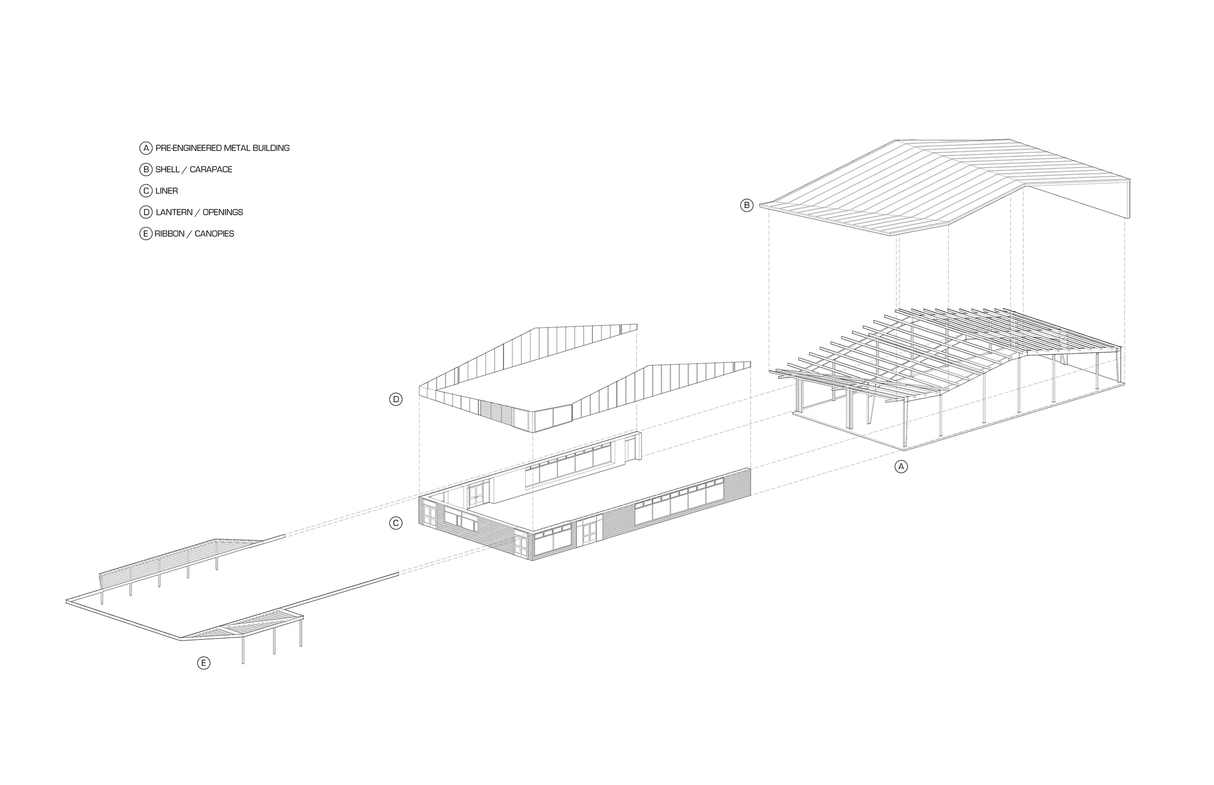 From haunted houses to puppy training, ballroom dancing to community meetings, kickball to seniors' tai chi: all these constituents had preferences that we had to accommodate. Instead of diluting the project though, the push and pull of this wide spectrum of user groups helped differentiate the project and hone its form. This industrial shed typology and its large-span carapace structure afforded fine-tuning of facade apertures and materials underneath, a flexible generic envelope that became highly specific.