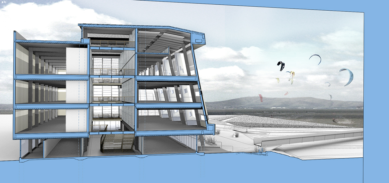 A full-height atrium bisects the building and houses a grand staircase to foster inter-tenant discussions and an environment of innovation worthy of academia. In an effort to counteract the ergonomic, social challenges of computational work, shifting floor plates,window openings, and structural bays support varied cluster layouts for lab or office, encouraging employee interaction and extroversion.