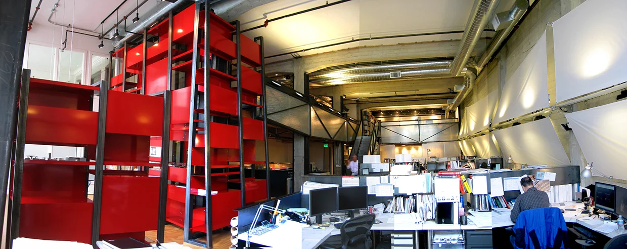 GFDS's engineers are surrounded on a daily basis by the visible results of their work: finish materials (structural plywood,honeycomb composites, tensile fabric, steel sheet), spanning members(engineered lumber, steel trusses, cardboard pipes), and details (turnbuckles, flitch plates, epoxy bolts). This not only affords a particularly engaging work environment, but it also provides welcome relief to stereotypes of engineering as a discipline of numerical tables and calculations.