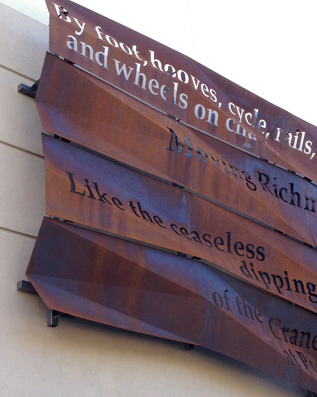  These physical constraints are reconciled with the layout of the text itself, so that composition and geometry work hand-in-hand with the cadence and syncopation of Reed's poem, "Moving Richmond." 