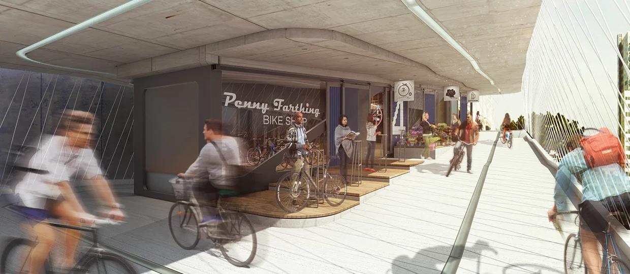Our new proposal for the West Span Bikeway -- dubbed “The Veloplex” -- attempts to rewrite the script of the Bay Bridge’s bicycle infrastructure: if not solving the problems definitively, we hope at least to rekindle public dialogue and spark our collective imagination about what may be possible. We have a challenging problem to solve, but just as importantly an exciting opportunity to imagine what new forms of infrastructure might emerge. We begin with a simple question: what would an urban transportation complex designed for the bicycle entail? This proposal envisions a new element of bicycle infrastructure with two basic components: a bike pathway hung from the side of the bridge’s lower traffic deck, and a spiraling tower structure that links to city streets below. 