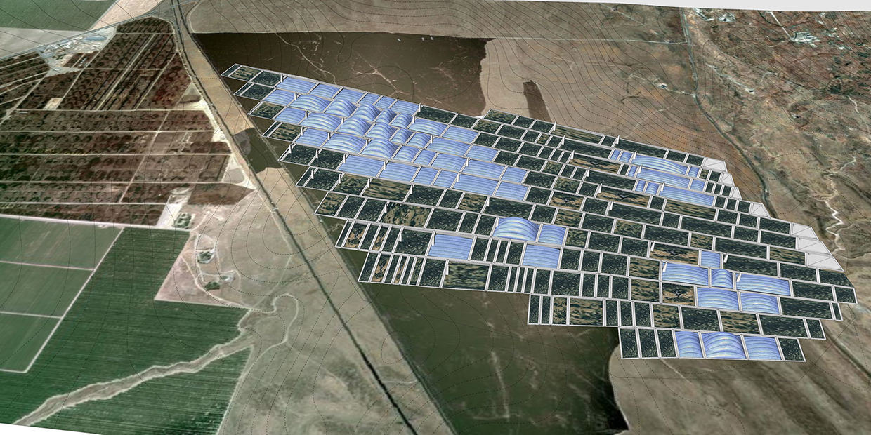 A matrix of subdivided cattle feed lots feature inflatable canopies that contain the spread of pathogens (minimizing need for antibiotics) and capture methane emissions (to fuel manure-fertilizer digesting silos) as livestock are circulated on a weekly basis.