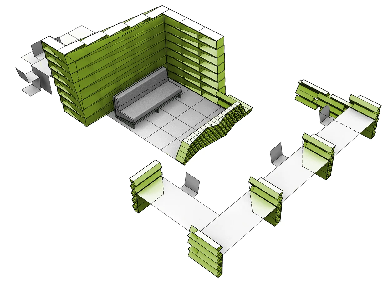 Taking basic IKEA kitchen cabinets and arraying them in various configurations (stacking, joining, rotating), the design responds to the studio’s storage needs and also serves to define spaces such as a conference room and a brainstorming den. The cabinet also becomes a basic building block that can be deployed as the office’s needs and staffing requirements evolve. 