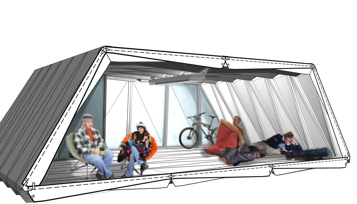 These readily-available panels consist of fiberglass skins over a core of rigid insulation, screw-fastened and water-tight. Unlike typical SIPs, when joined together these panels form a corrugated wall/roof/floor assembly, increasing their spanning capacity and tectonic utility. The resilience of this system applies also to reconstruction,since the panels may be easily repurposed, such as wall infill of new residential construction.