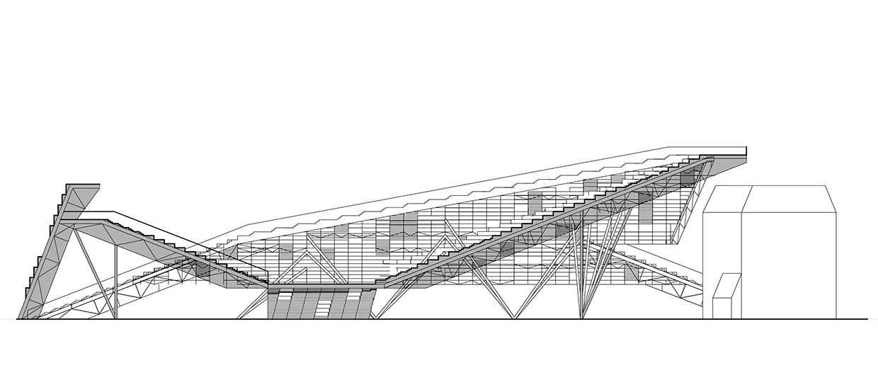 These sloped forms recall the 19th century railway stations and expo halls scattered throughout Paris, with ground-level spaces that extend pedestrian paths similar to the classic shopping arcades. Overall, Les Gradins draws upon a diverse array of archetypal Parisienne precursors for cues to scale, siting, and density: the result aggressively intensifies current and past site conditions.