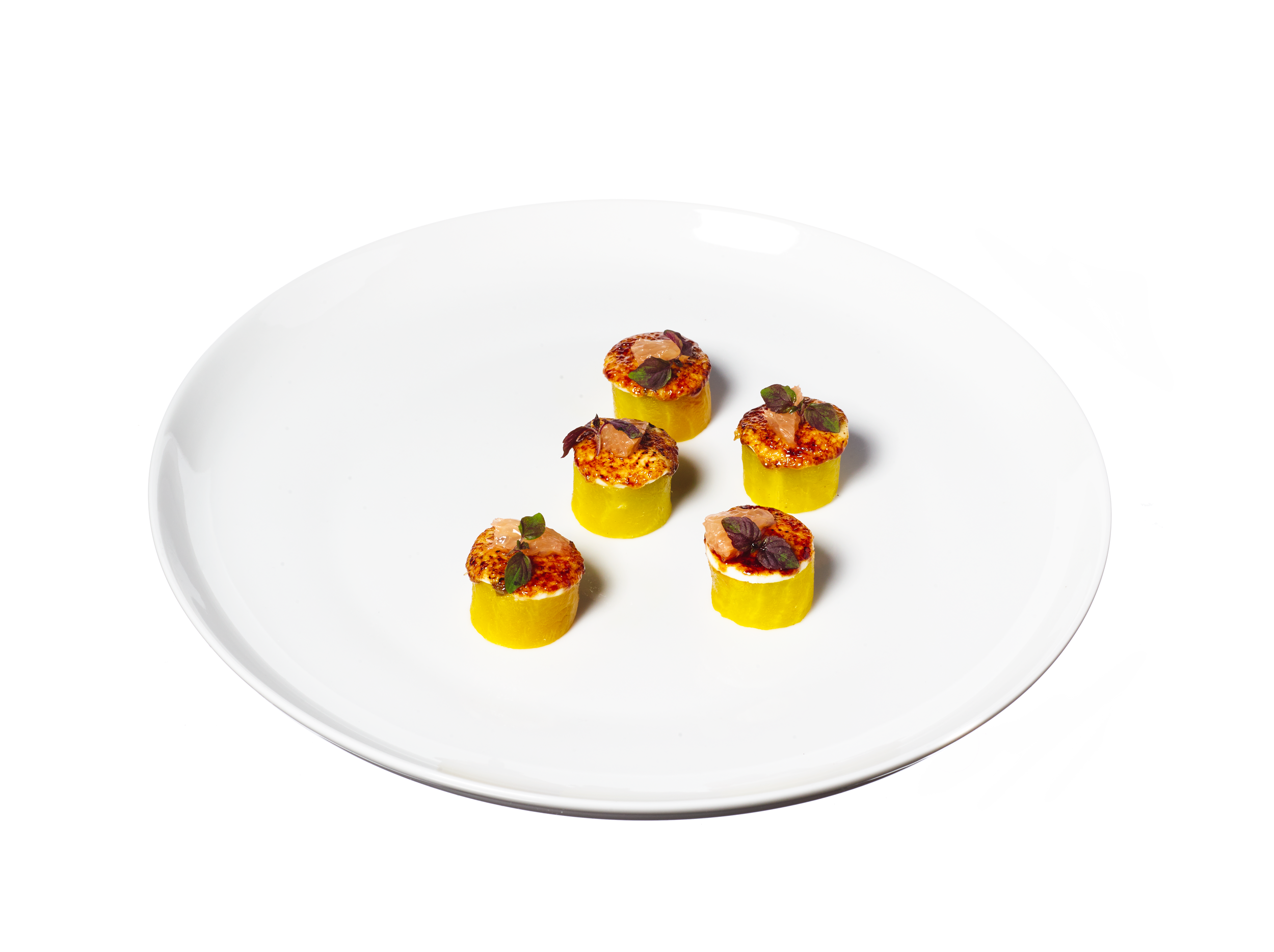 golden beets brulée, plated canapés
