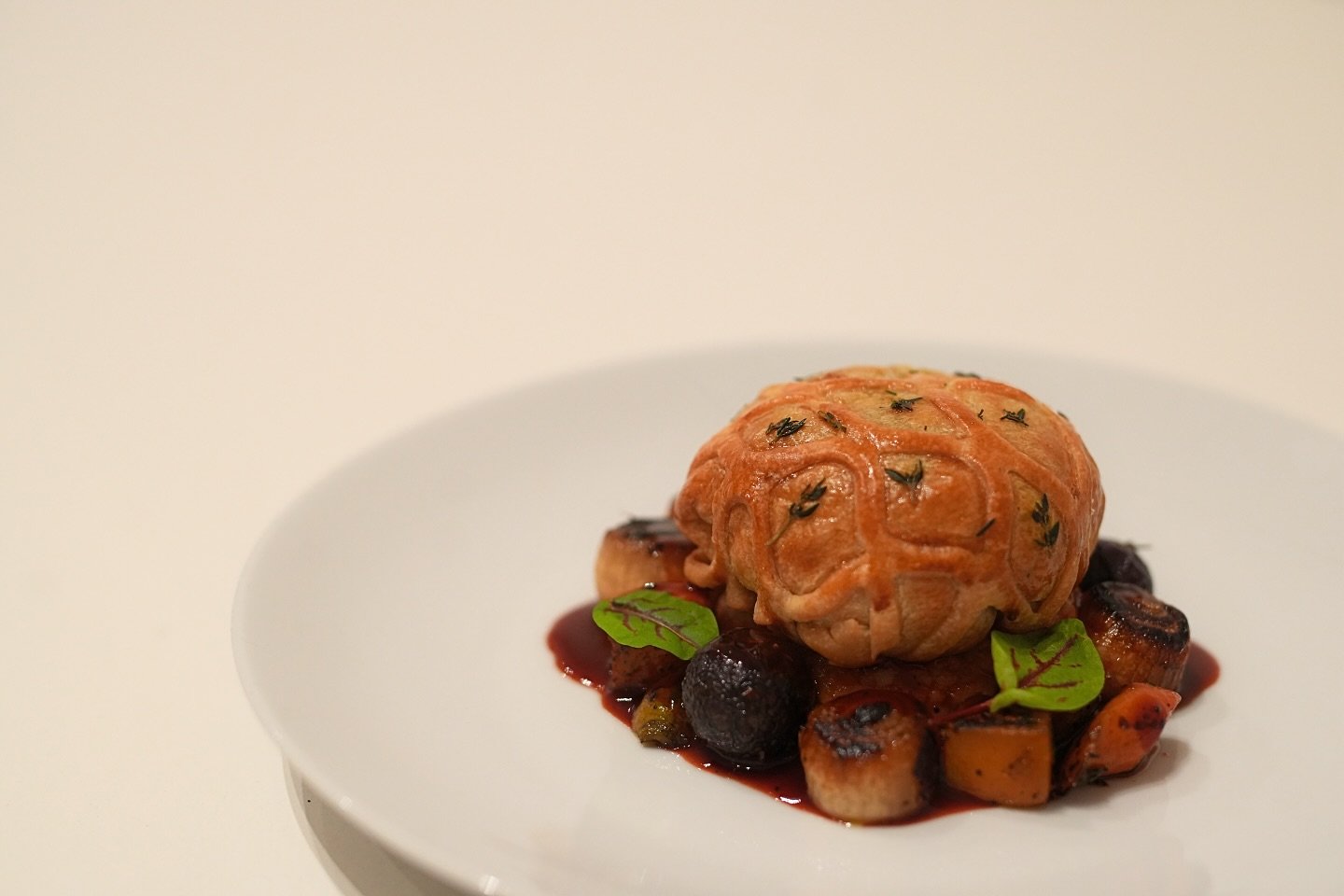 GENTLE WELLINGTON (vegetarian)
roasted aromatic roots + chanterelles
red wine &amp; marmite demi
