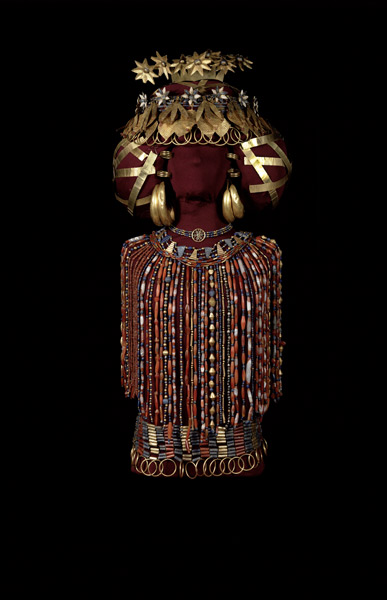 The reconstructed ornaments of Puabi of Ur, ca. 2550-2450 BCE, made of gold, carnelian, lapis lazuli and shell, preserved at the University of Pennsylvania Museum of Archaeology and Anthropology, Philadelphia, PA, as Objects Nos. B16692 a,b; B16693; B17709-12; and 98-9-9 a,b. For more information, click here. Photo courtesy U. Penn. Museum.