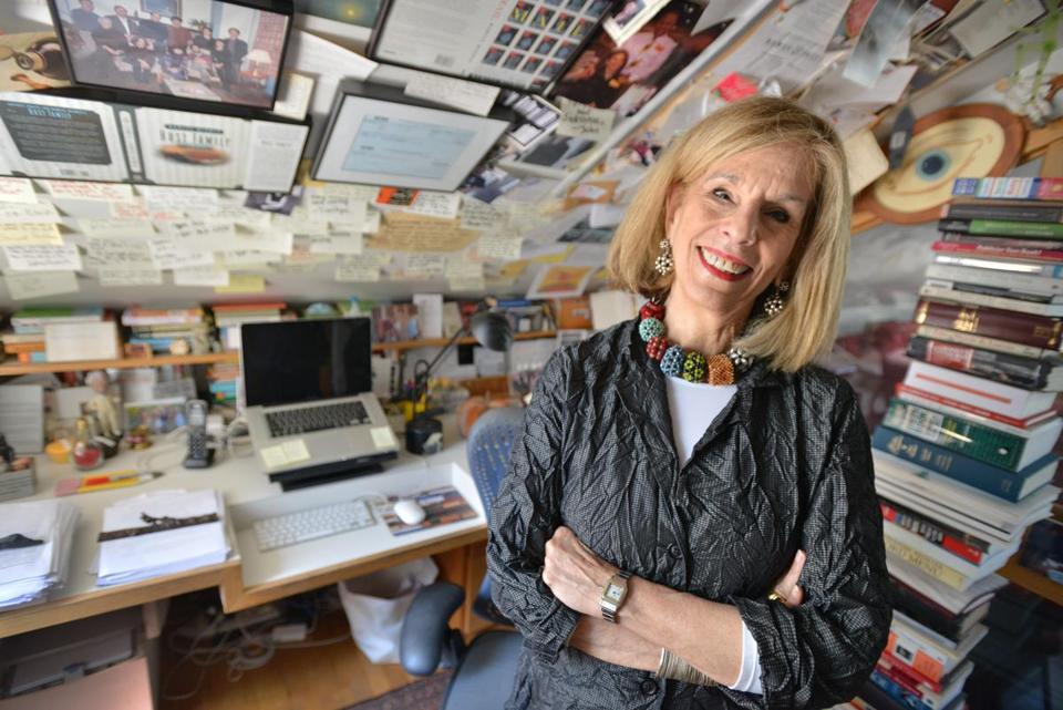 Novelist Mameve Medwed in her Boston-area writing studio, wearing my jewelry. Image courtesy Boston Globe, June 27, 2015.