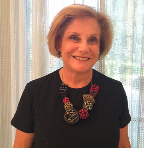 Lynn K. of Palm Beach, FL, wearing her "Elements" necklace in March, 2016. Lynn says: "I love your work. The designs are always unique and the quality is outstanding. This is necklace number 5 for me. Whenever I wear one of the necklaces people always compliment me. They want to know who designed it or they say I recognize Valerie Hector!! 