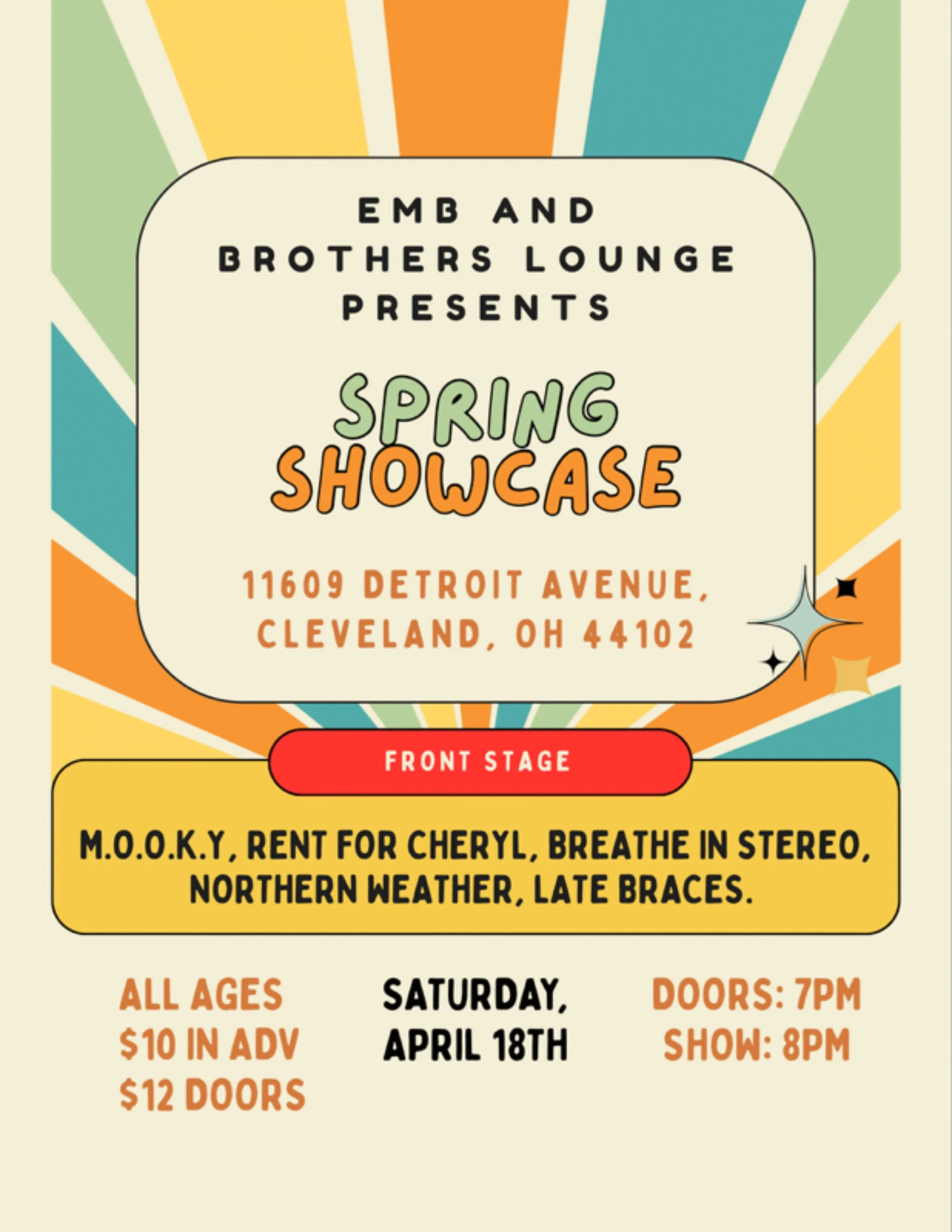 Spring Showcase w/ M.O.O.K.Y / Rent For Cheryl / Breathe In Stereo / Northern Weather / Late Braces