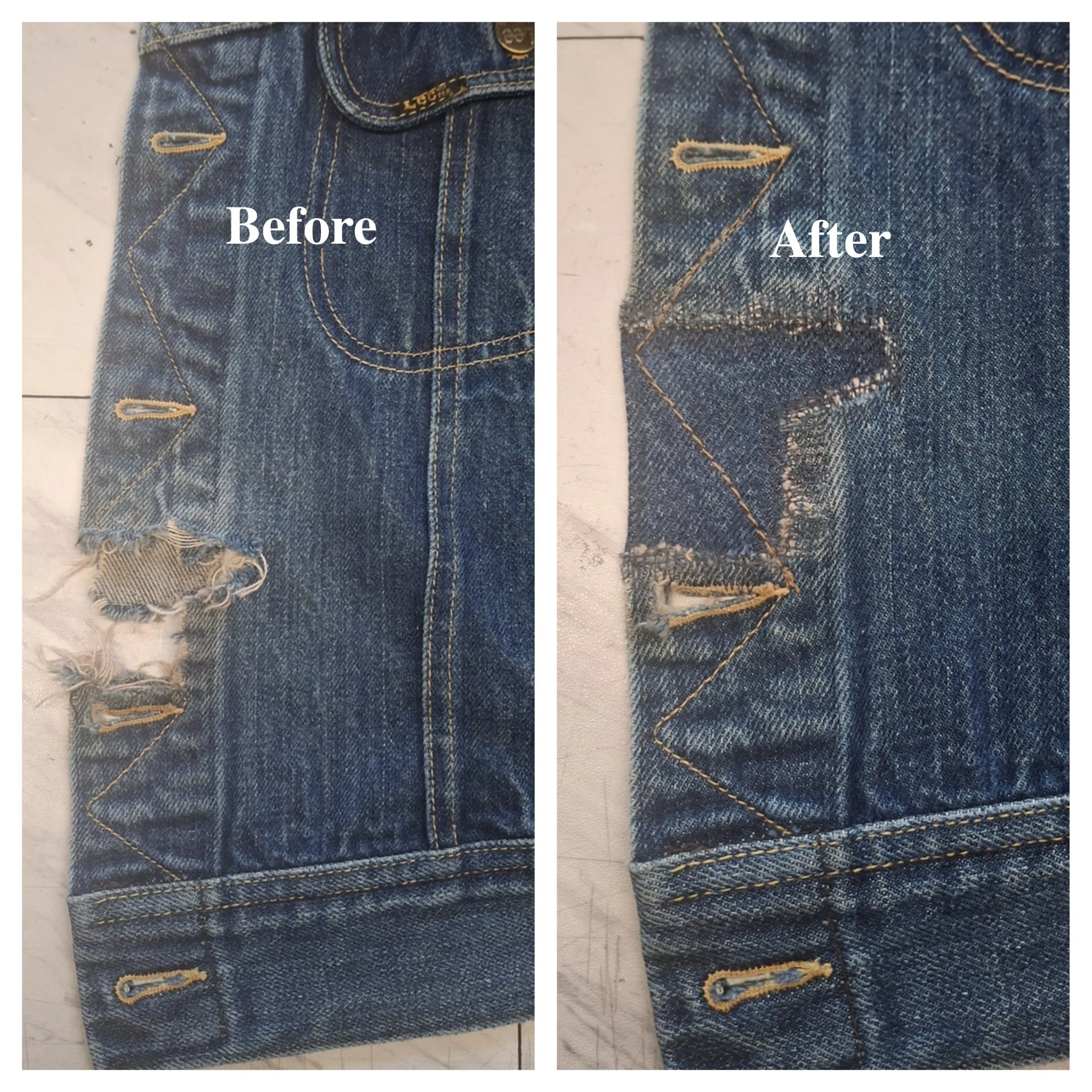 Before and after denim jacket repair