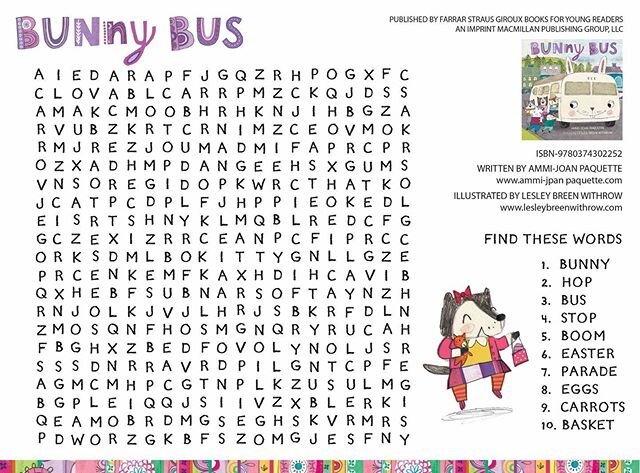 Happy Easter! Here are some activity sheets I made for the kiddos to enjoy, based on my picture book BUNNY BUS (Farrar, Straus and Giroux 2017) hope you all have a great Easter! Stay well and enjoy! 
@ammi.joan.paquette 
@fsgbooks @fsgyoungreaders 
#