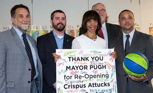 From left, University of Maryland School of Social Work Dean Richard P. Barth; Councilman Eric T. Costello; Baltimore Mayor Catherine E. Pugh; Bob Wall, chief of recreation, Baltimore City Recreation & Parks; and Del. Antonio L. Hayes.