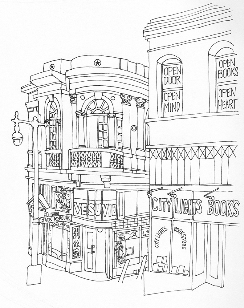 Ryan Yount’s hand-drawn line illustration of Cookhouse from the outside, with the balcony door half open, and showing some of the external columns, rosettes, and architectural detail. The iconic bar Vesuvio is just downstairs, adjoining Jack Kerouac Alley and City Lights Bookstore.