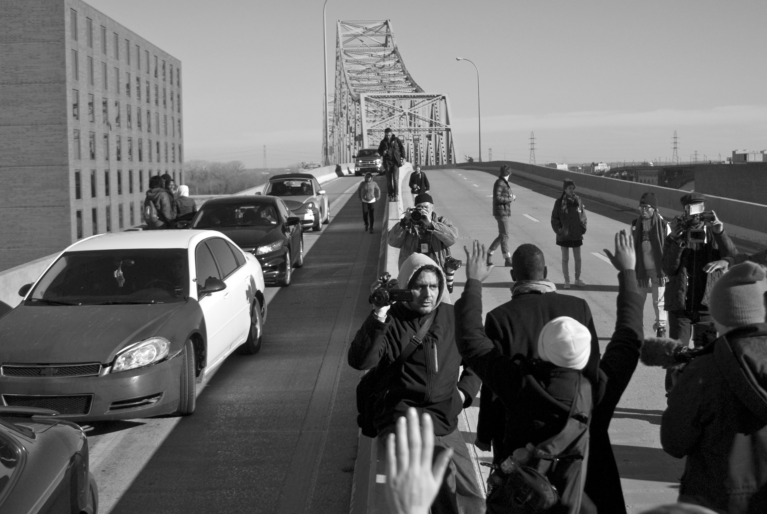  The march made its way to the bridge that leads to East St. Louis. Traffic was forced to stop. 
