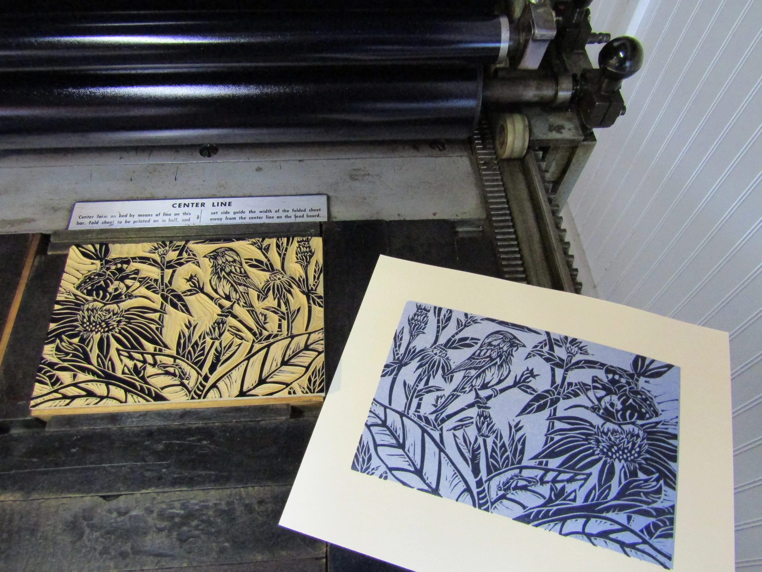 Second run - printing the garden image in a indigo blue.