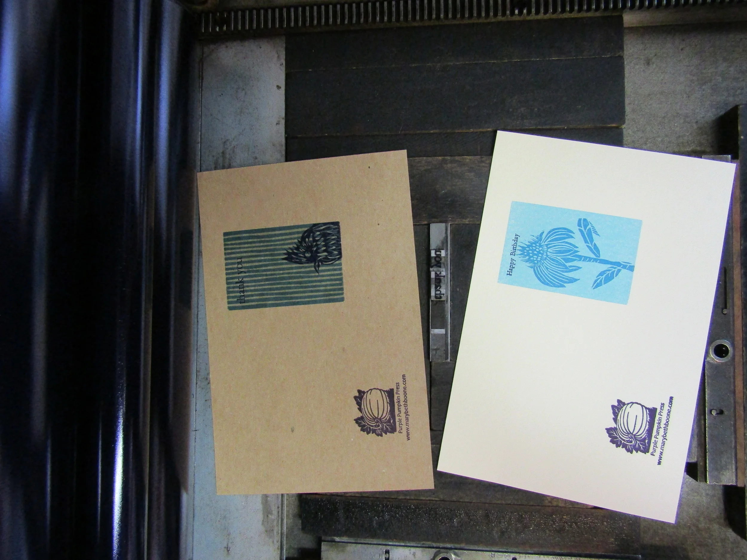 Greetings printed using handset metal type. I will fold and package once dry.