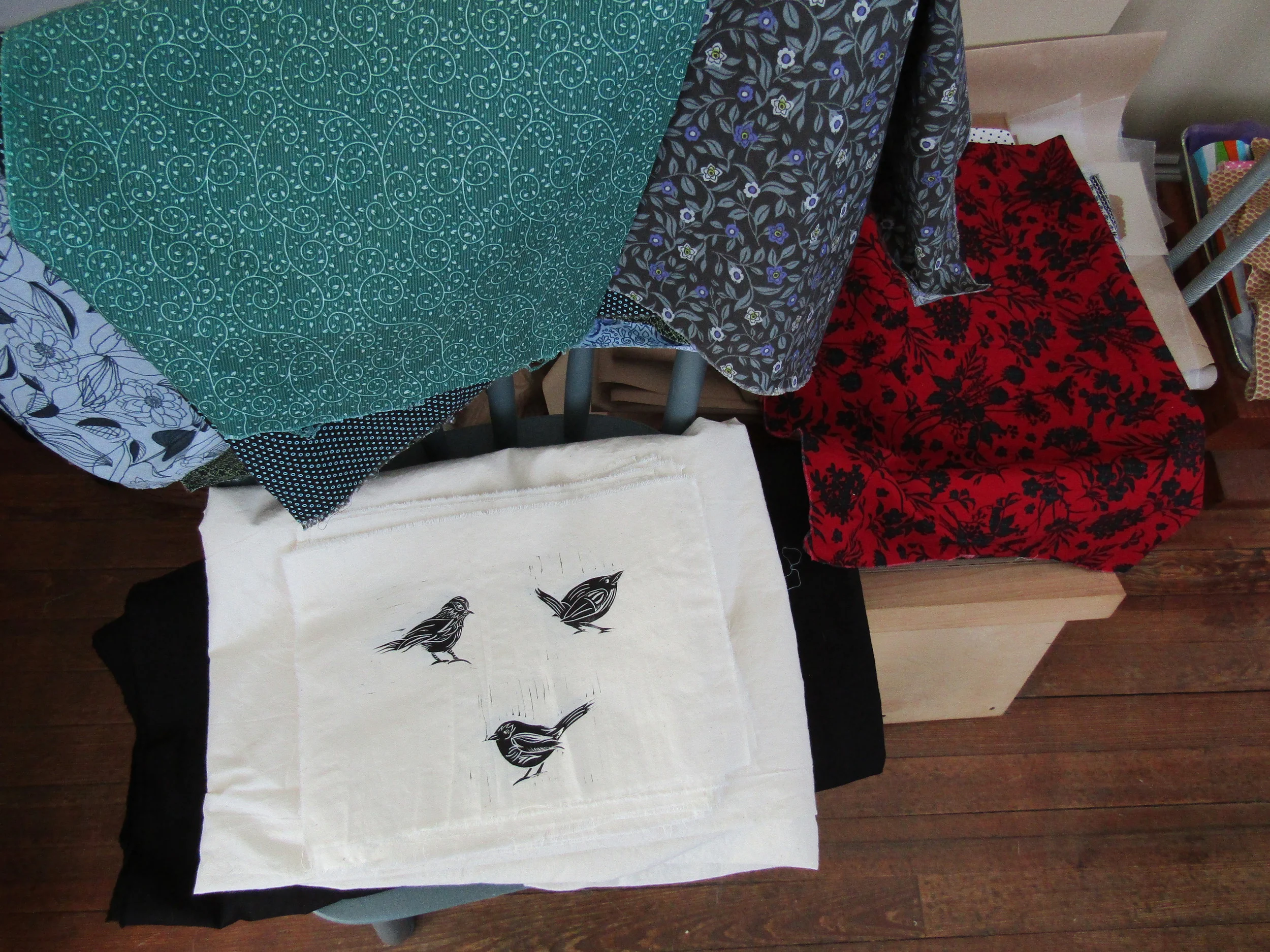 Various fabrics and printed birds - ready to put it all together!