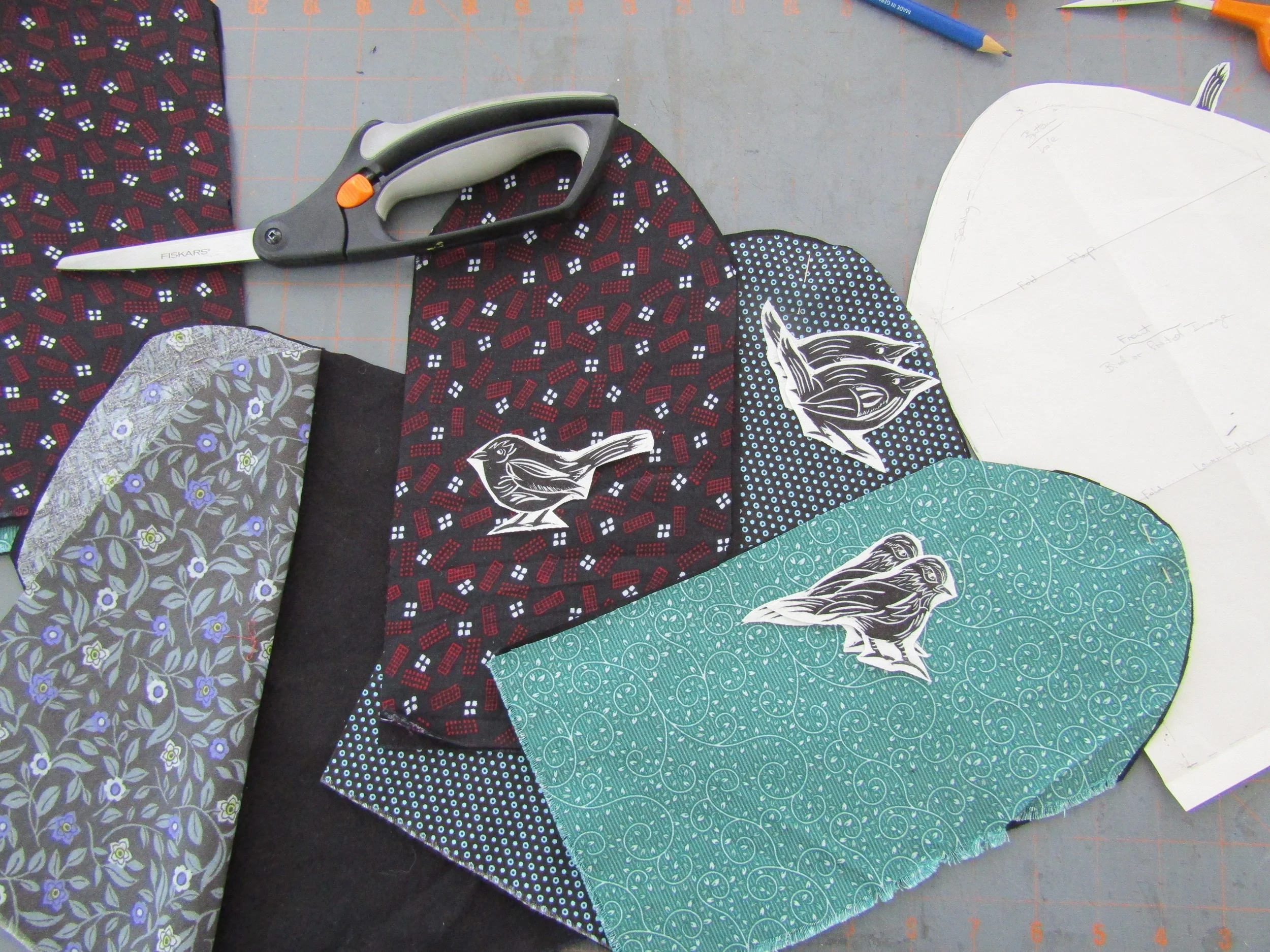 Various fabrics and birdies - working on multiples.