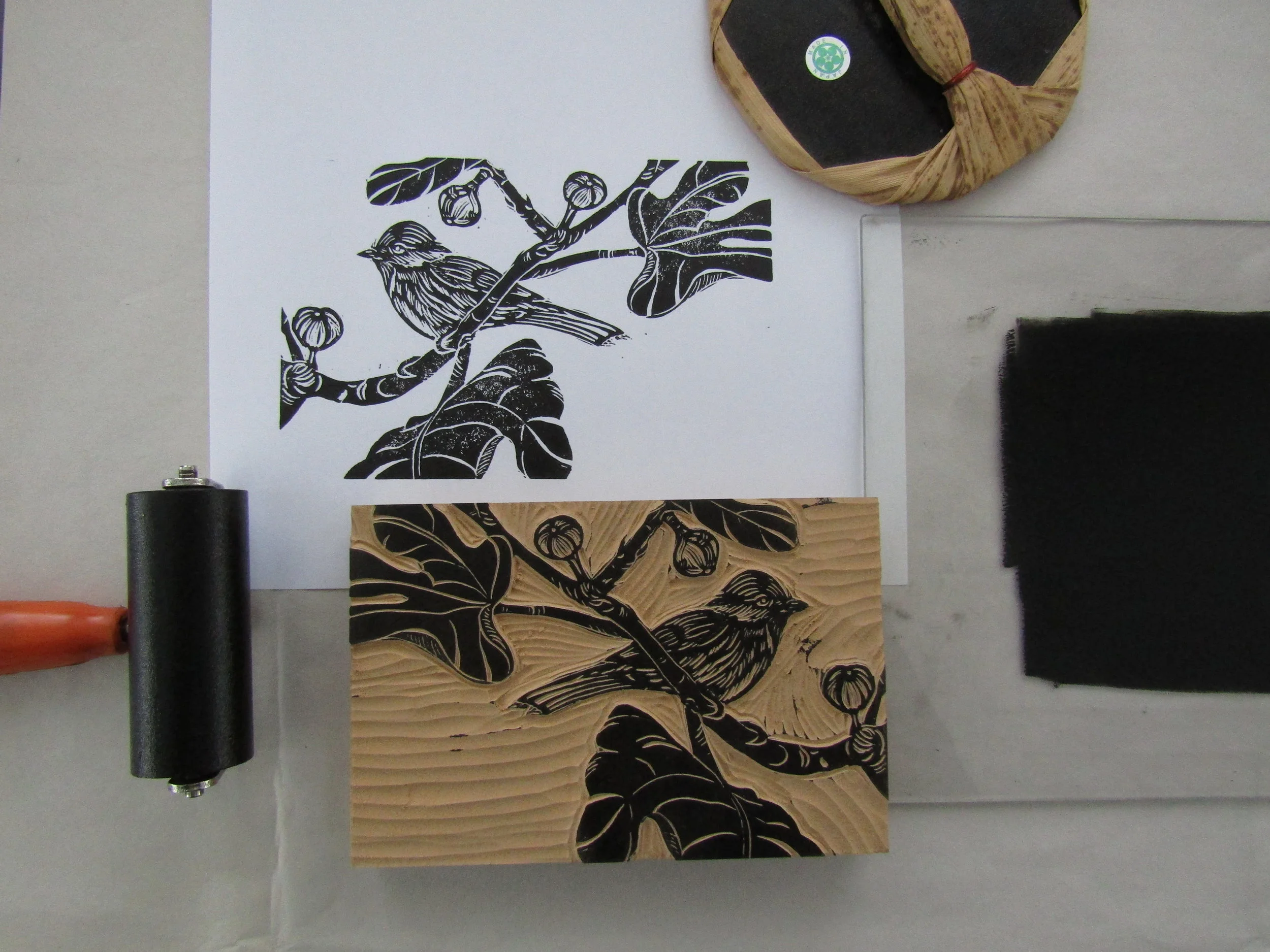  I proofed each block before printing the book on my letterpress. Here is a proof of the chickadee and fig tree image.