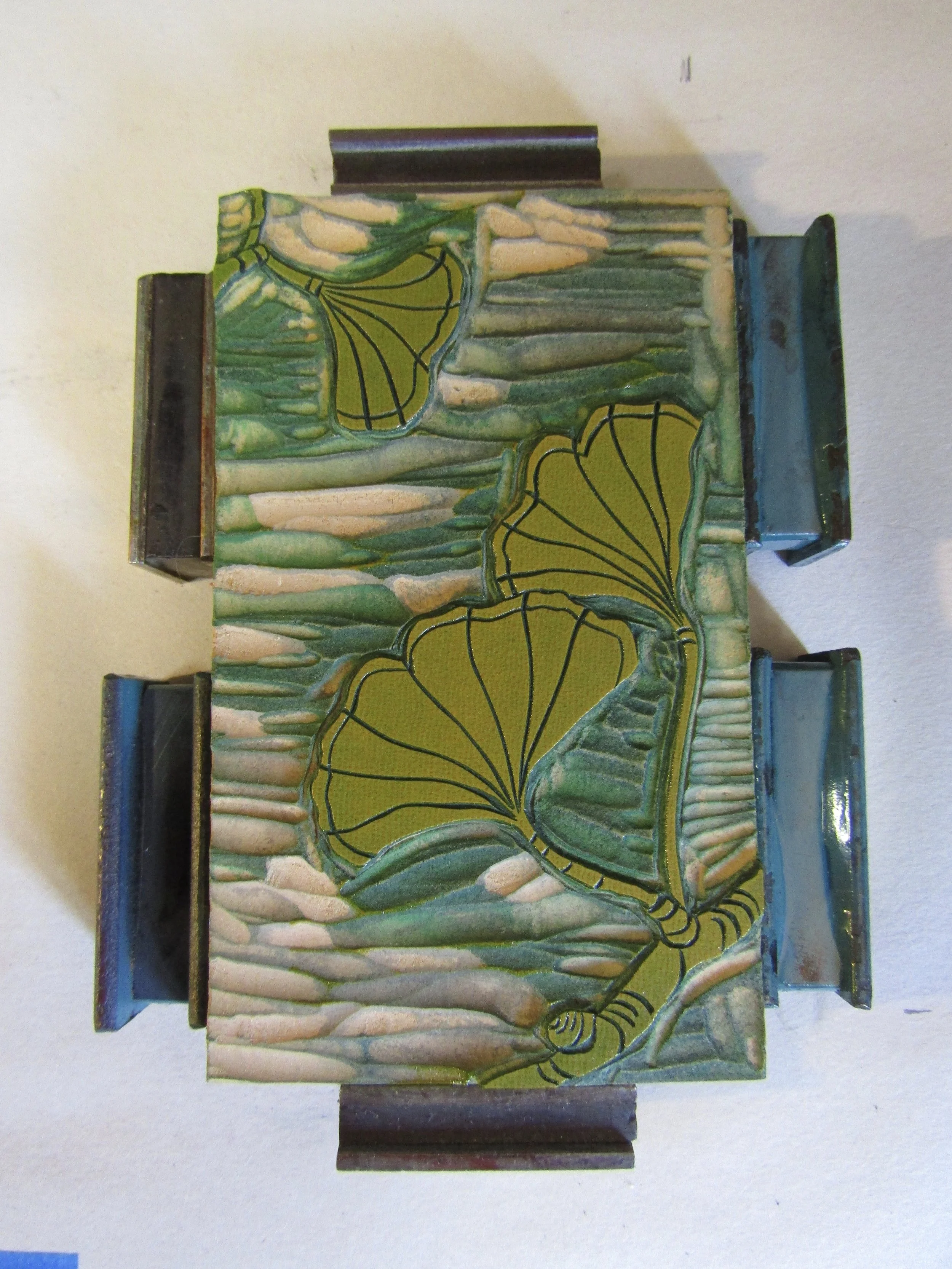 This ginkgo leaf block is set up, inked, and ready to print.