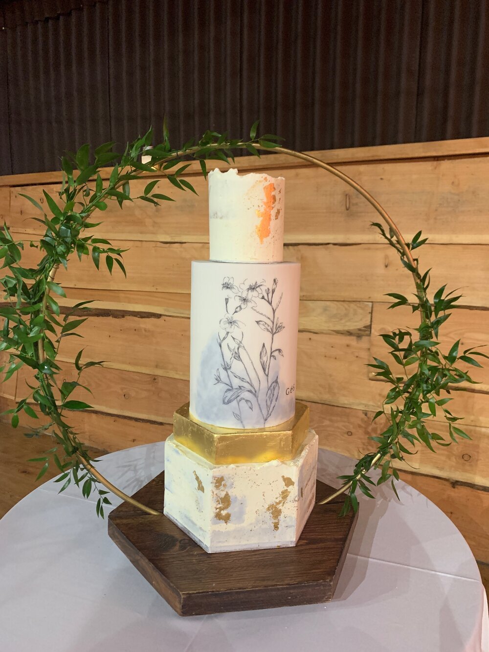 Rustic+semi+naked+white,+blue+and+gold+hand+drawn+floral+geometric+wedding+cake+with+gold+leaf+at+Stock+Farm-min.jpg