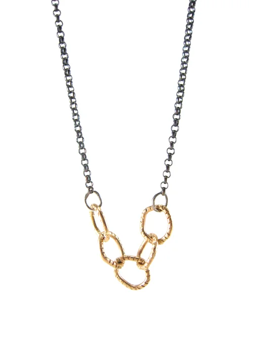 Tiny River stone chain link necklace in oxidized silver and 18 karat gold - NE-067tiny.jpg