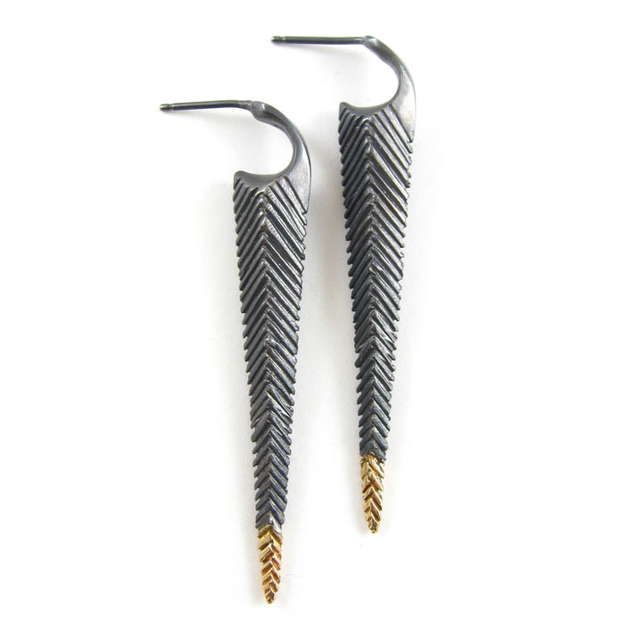 Long Spear huggie earrings | oxidized sterling silver | 14k yellow gold | mixed metal | recycled silver | textured hoops | Made in San Francisco | Sharon Z Jewelry by Sharon Zimmerman
