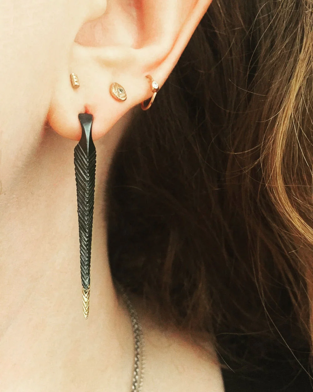 Long Spear huggie earrings | oxidized sterling silver | 14k yellow gold | mixed metal | recycled silver | textured hoops | Made in San Francisco | Sharon Z Jewelry by Sharon Zimmerman
