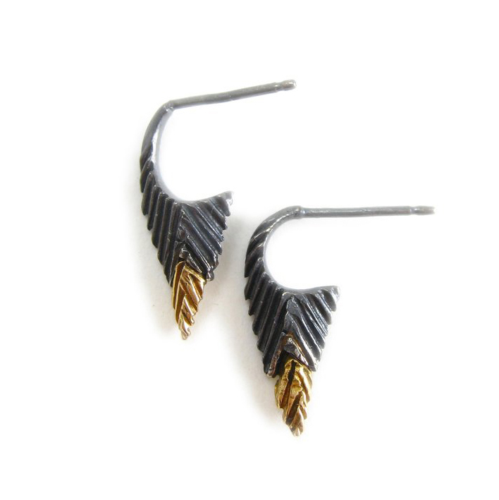 Short Spear huggie earrings in oxidized recycled sterling silver and recycled 14 karat gold