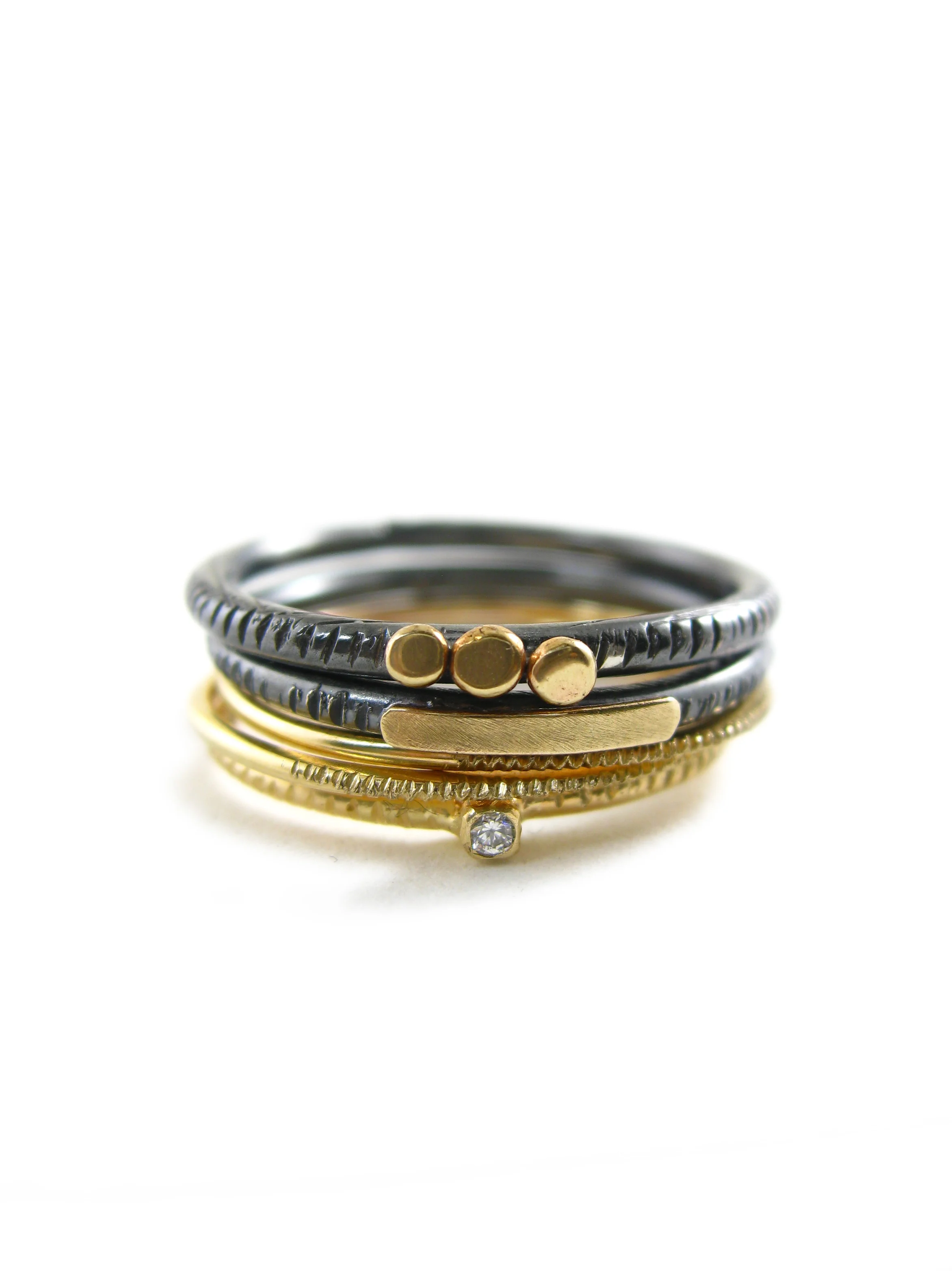 Set of mixed Stacking rings - yellow gold and oxidized silver - Sharon Z Jewelry Made in San Francisco.jpg