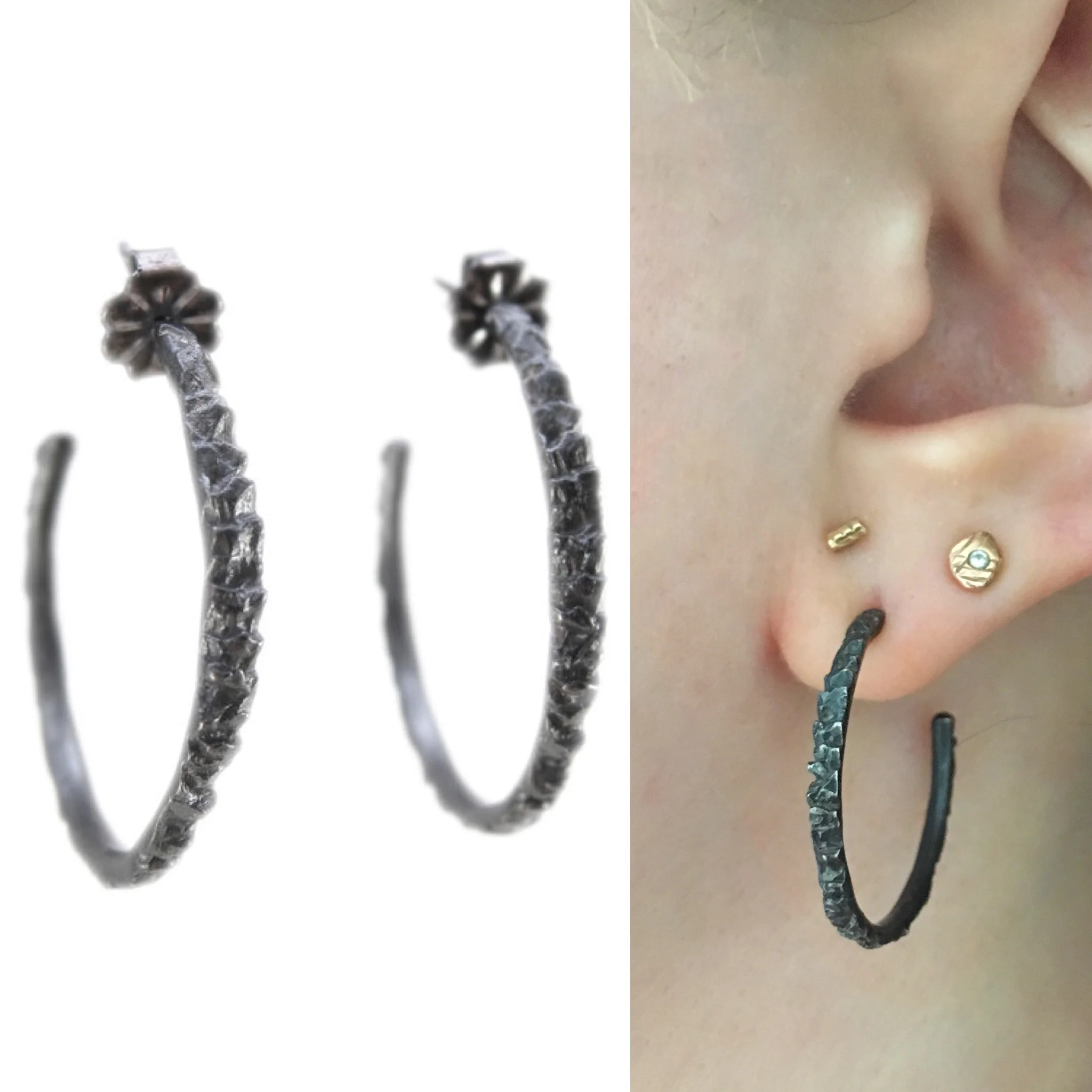 meteorite hoop earrings | meteorite jewelry | unique earrings | hoops | handmade | textured hoop | recycled silver | oxidized silver | sharon z jewelry | made in san francisco | sharon zimmerman