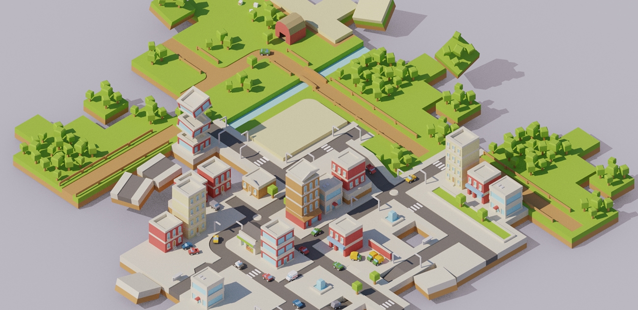 Isometric / flat perspective, cell shading, bright colors, low-poly