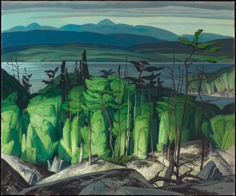 I really like the foreground rocks in this, which is something I'd like to incorporate more of. I'd like to give everything more of a Canadian shield sense of place. I also really like the stylized, blocky tree shapes and the forested hills in the far background