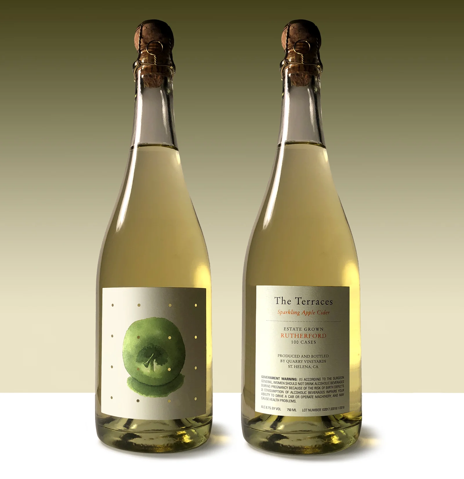 Not your everyday cider. The Terraces Apple Cider packaging. Produced from heritage cider & dessert apples grown on the Rutherford Estate in Napa Valley—made in the traditional method of fine sparking wine.