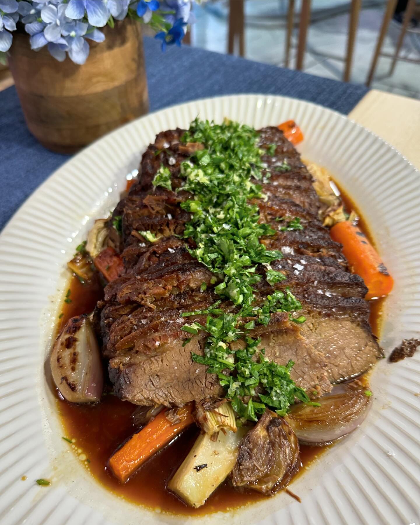 Yesterday, making my classic red wine braised brisket with horseradish gremolata, fennel and carrots, and all the savory bits @todayshow @todayfood. Centerpiece of my Passover table. Even better when braised a day in advance! Makes the best leftovers