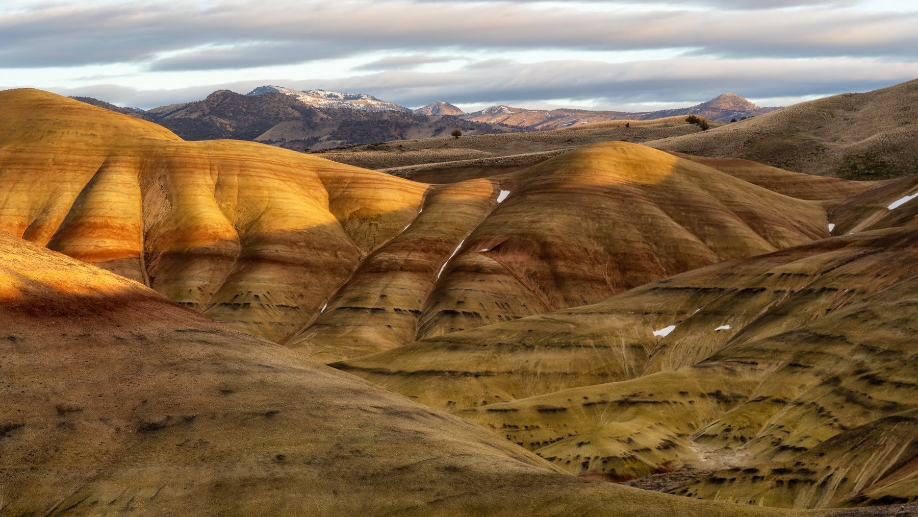 John Day Fossil Beds Painted Hills Unit in Oregon during sunset.