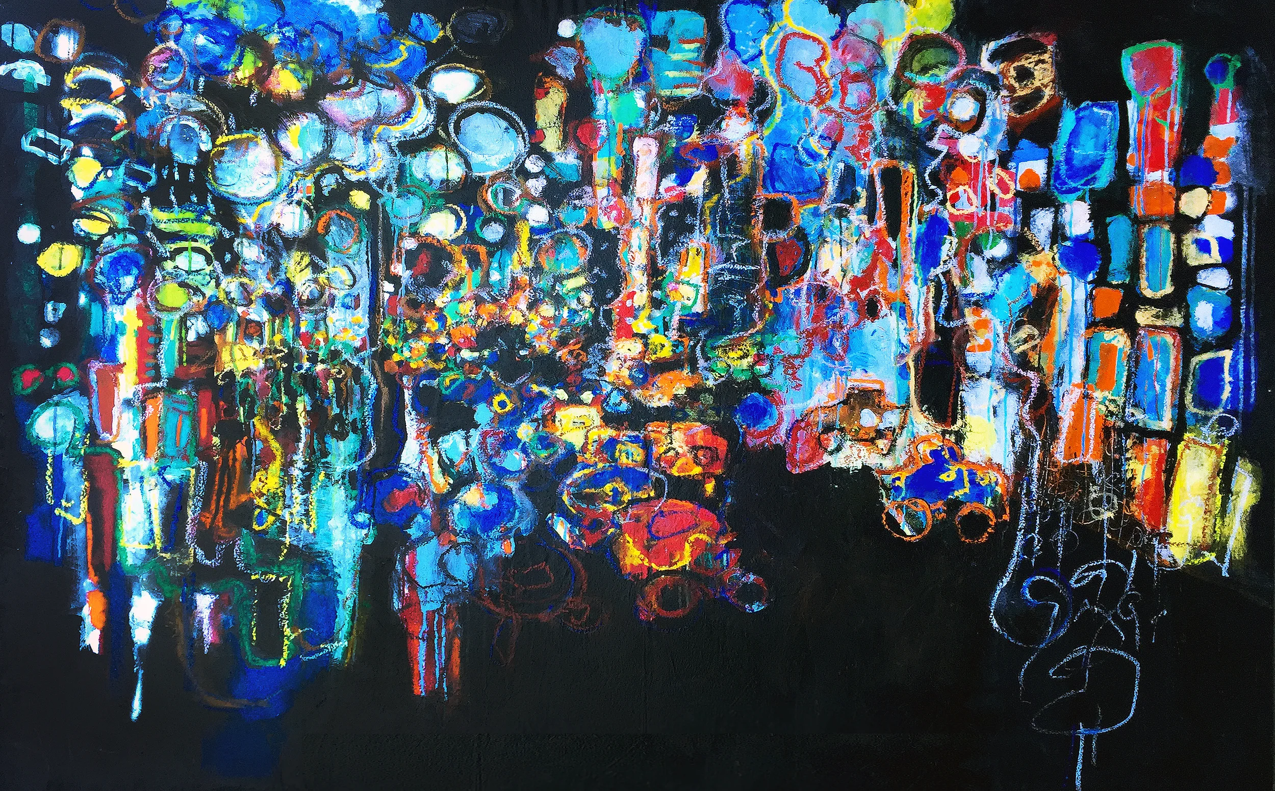 "The City of Lights" -- An abstract expressionist rendering capturing the energy of the NYC times square or any city in the world that contains a large conglomeration of people and its traffic.
